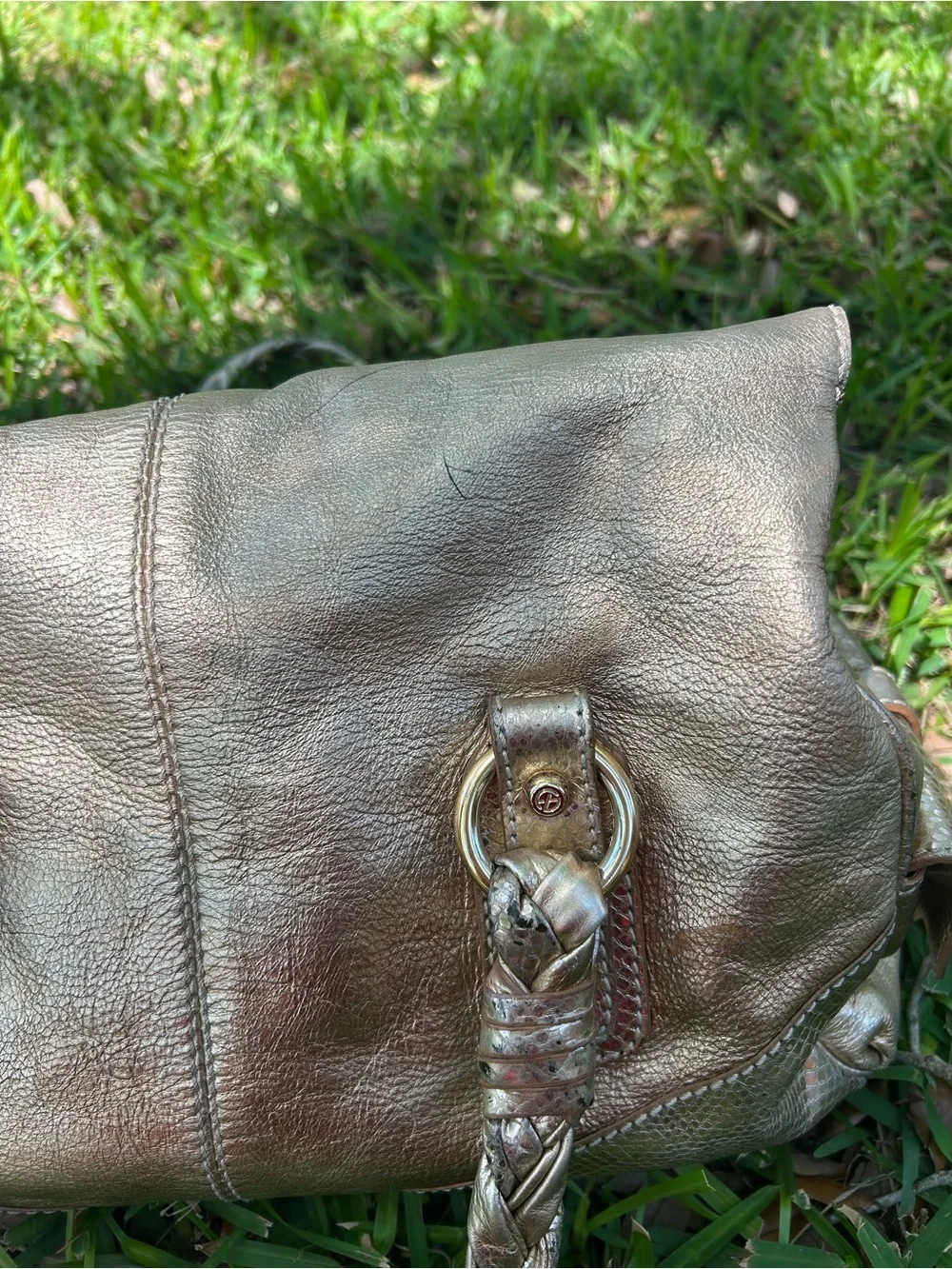 Francesco Biasia Metallic Gold Braided-Handle Large Satchel 100% Leather